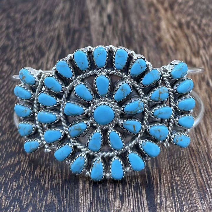 Native City Jewelry - Wholesale Cuff Bracelet - Native American Navajo Handmade Sterling Silver Turquoise Cluster Cuff Bracelet