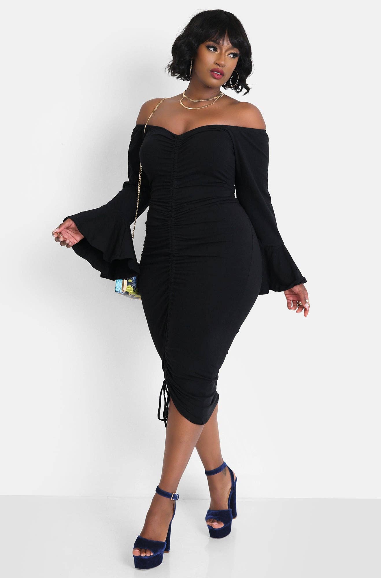 Black Take Me Back Flutter Sleeve Ruched Bodycon Midi Dress for wholesale on Faire0