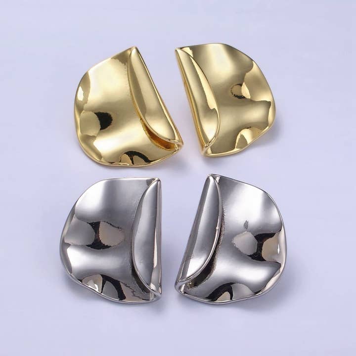 24K Gold Filled Minimalist Hammered Foil Stud Earrings Set in Gold & Silver | T345 T346 for wholesale by Aim Eternal