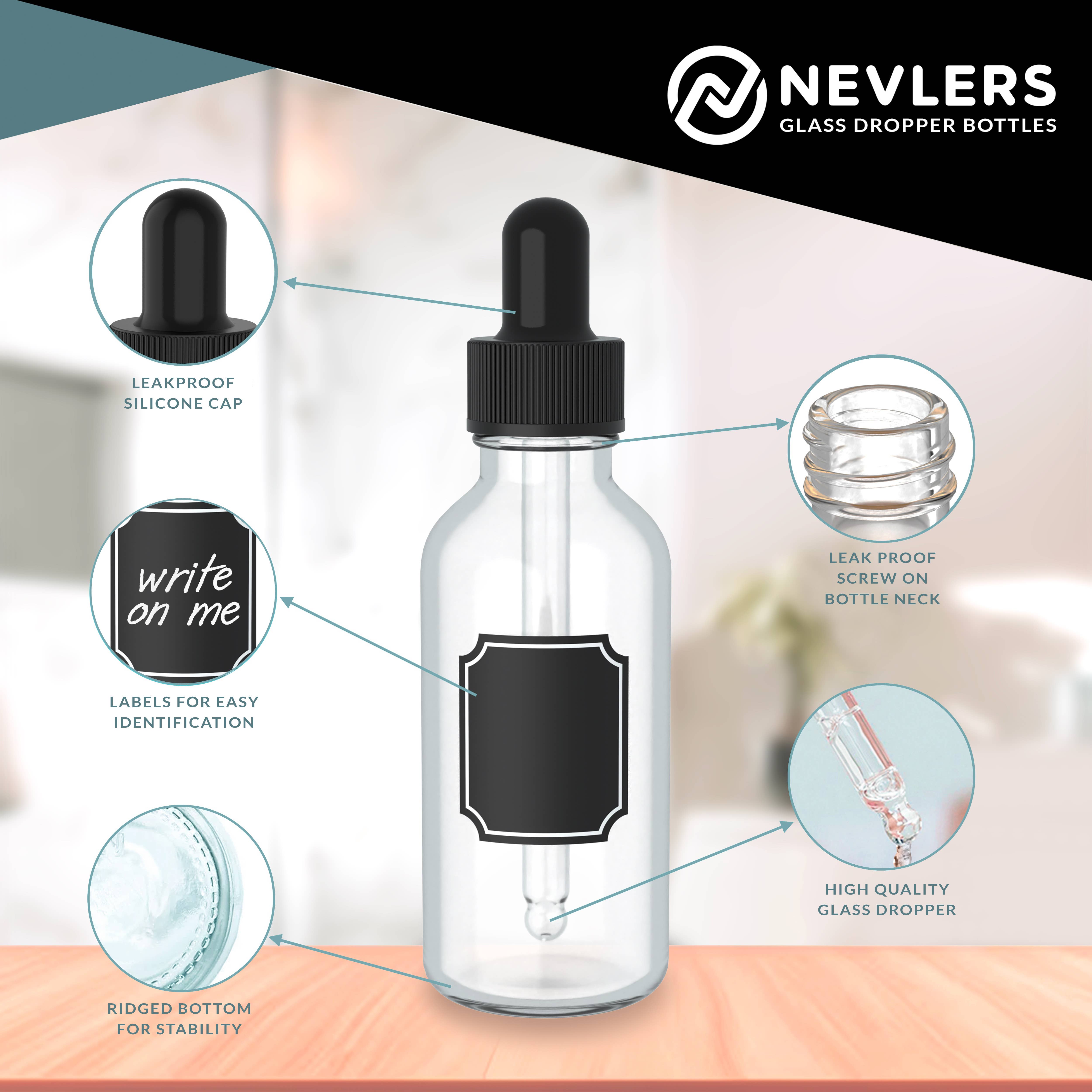 Nevlers - Wholesale Travel Container - Clear Glass Dropper Bottles - 2 oz. (Pack of 24)5