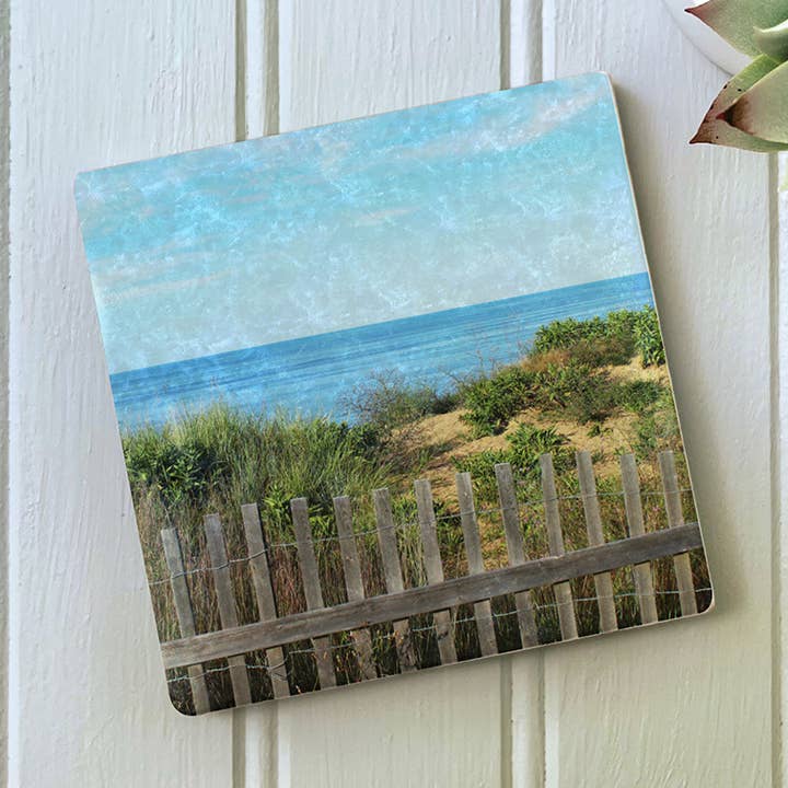 Strandblick mit Zaun Marmor Untersetzer für den Großhandel von PhD Design