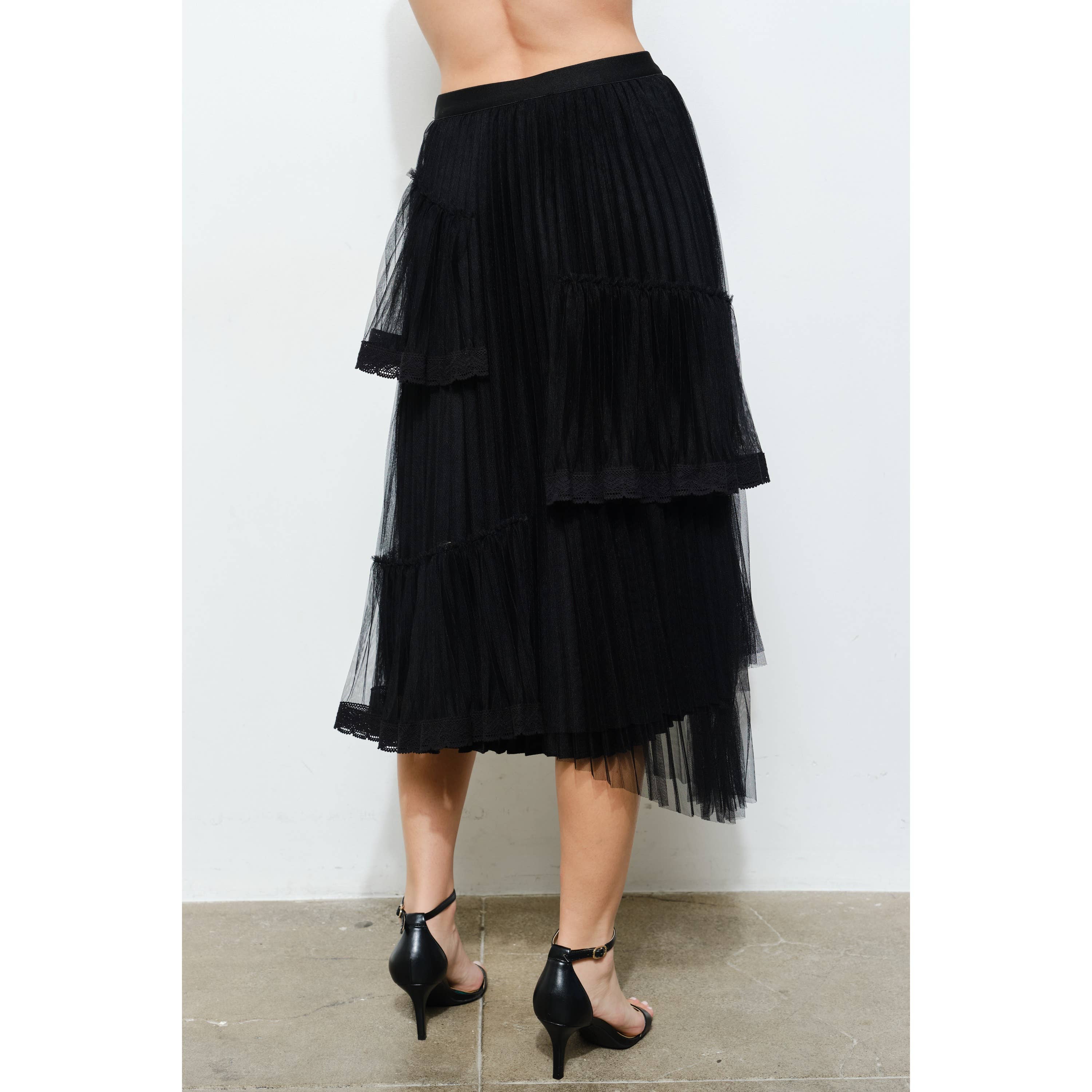 INA - Vente Jupe – femme - Jupe midi superposée élégante avec bordure en dentelle transparente3