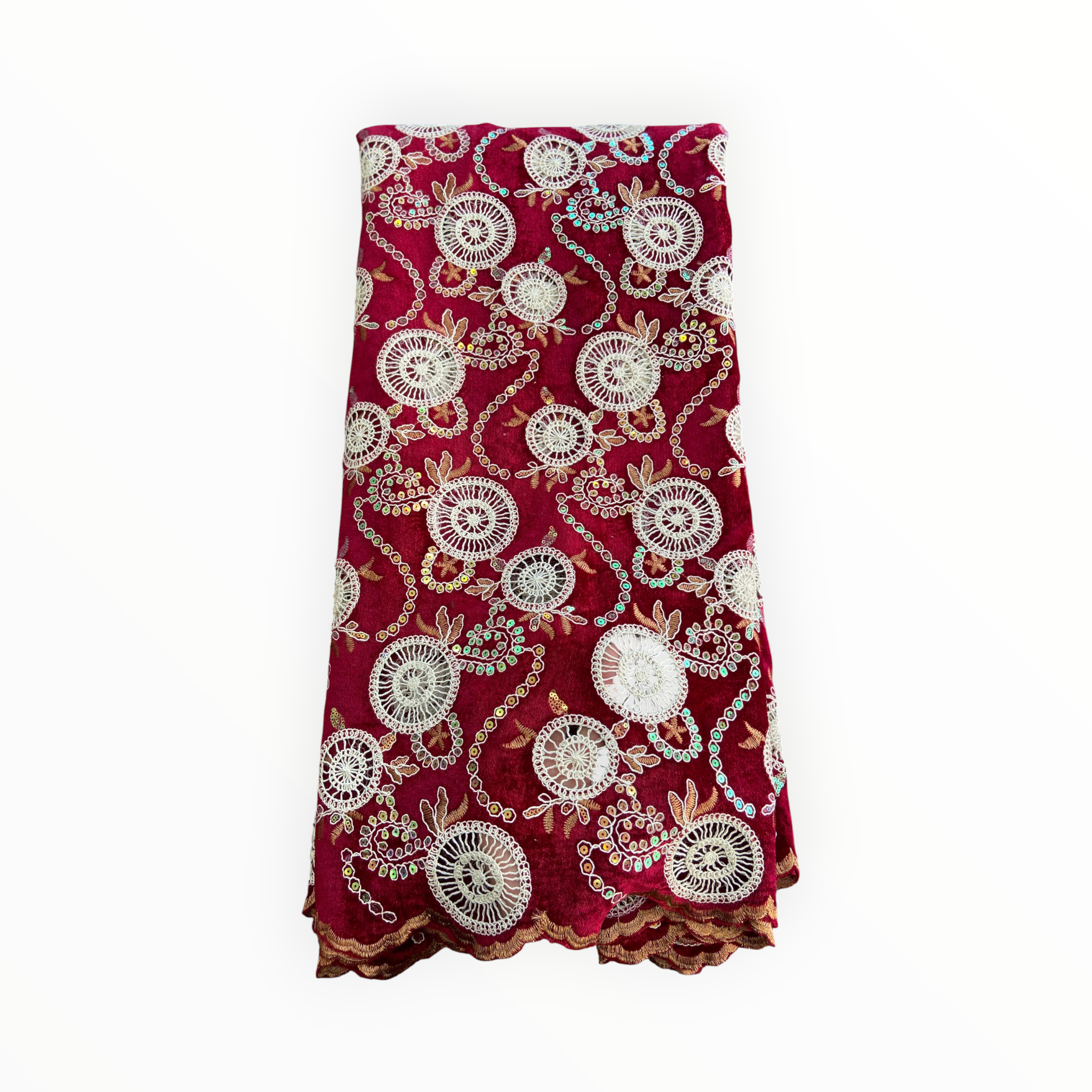 City Fabrics – wholesale Craft supplies – Luxury Velvet Lace Fabric in Maroon / Off White – 5 Yards Piece1