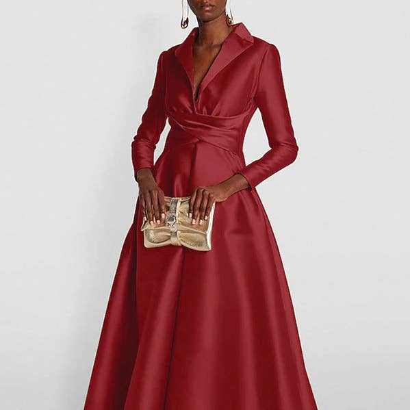 Vestido largo sólido plisado con escote en V y corte en A para venta al por mayor de Sheer Trend