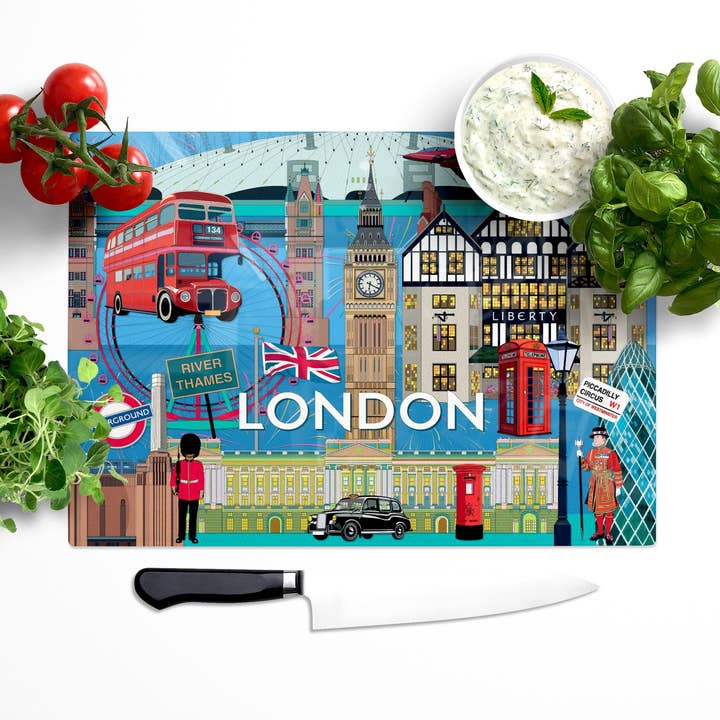 London Cityscape Glass Worktop Saver for wholesale by Bean and Bemble