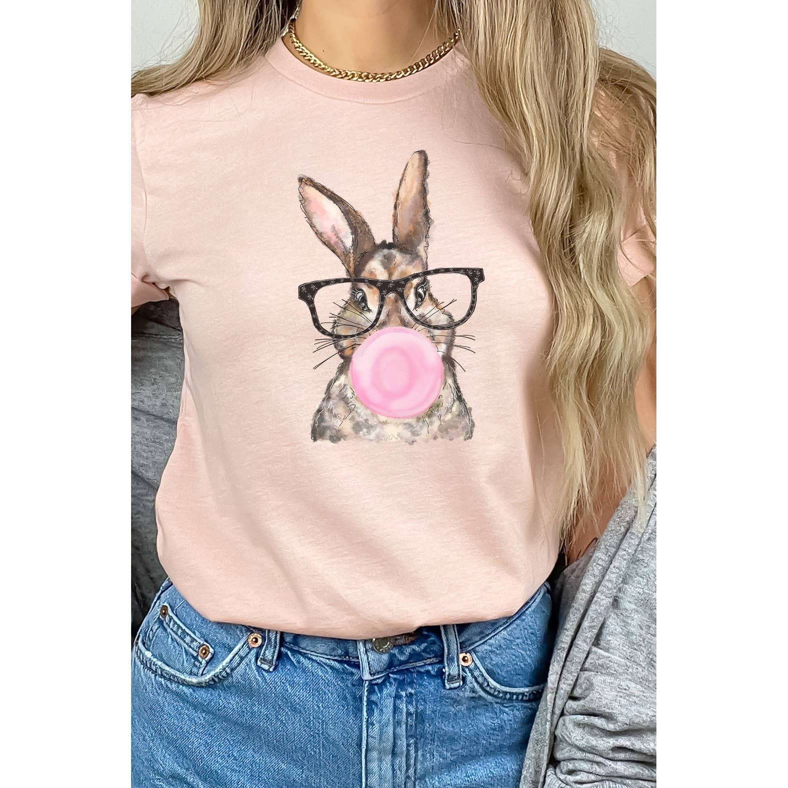 Kissed Apparel – Großhandel T-Shirt mit Siebdruck – Damen – Bunny Pink Bubblegum Brillen-T-Shirt mit Oster-Frühlings-Grafik3
