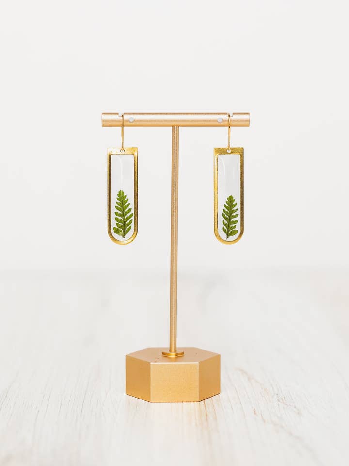 Pressed Fern Earrings, 14k gold filled for wholesale by Indigo & Lily Co.