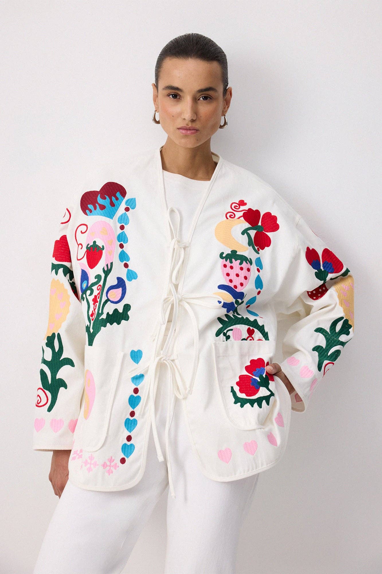 Ecru Whimsical Folk Embroidered Gabardine Jacket for wholesale on Faire4