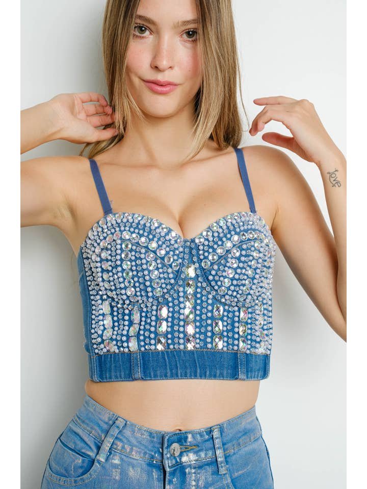 IC2653 Faux Pearl and Rhinestone Denim Corset Top for wholesale on Faire5