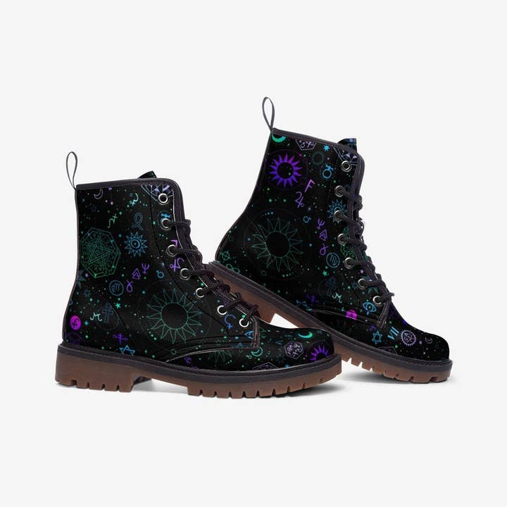 Black Celestial Boots, Combat Boots Women, Witchy Boots, Handcrafted Boots, Ankle Boots, Boots Womens, Hippie Boots, Celestial Gifts, Astral Print for wholesale on Faire