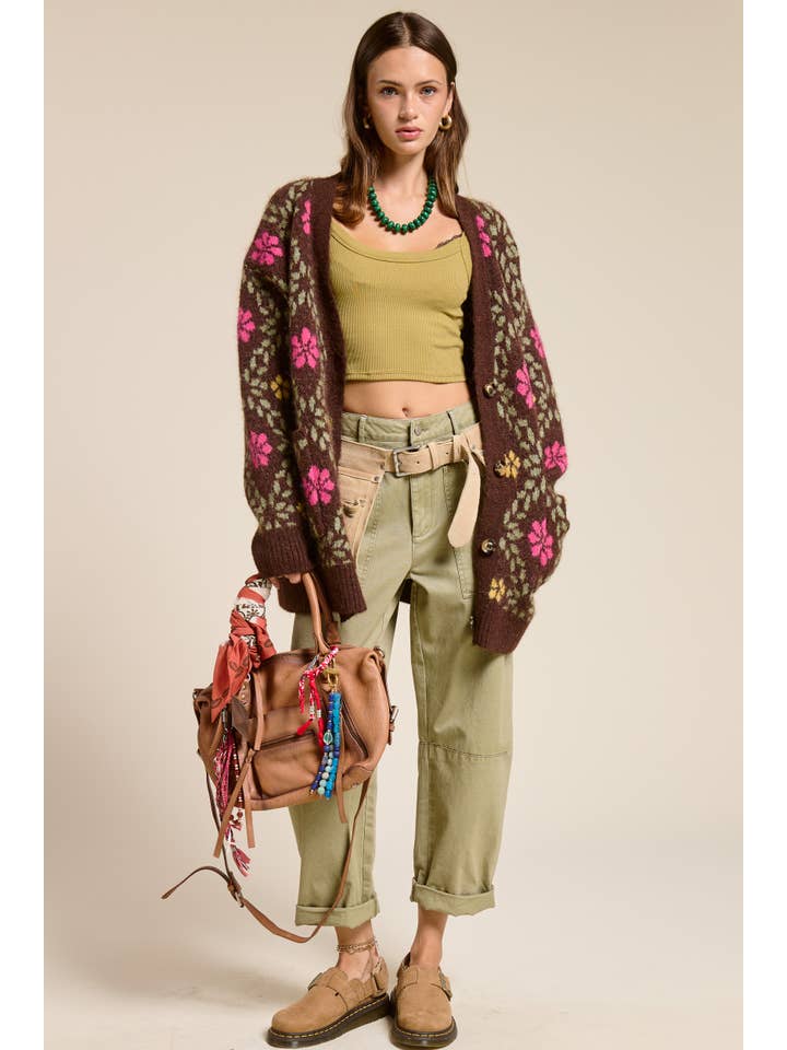 Mimosa - Wholesale Cardigan - Women's - Retro Floral Print Fuzzy Knit Cardigan10