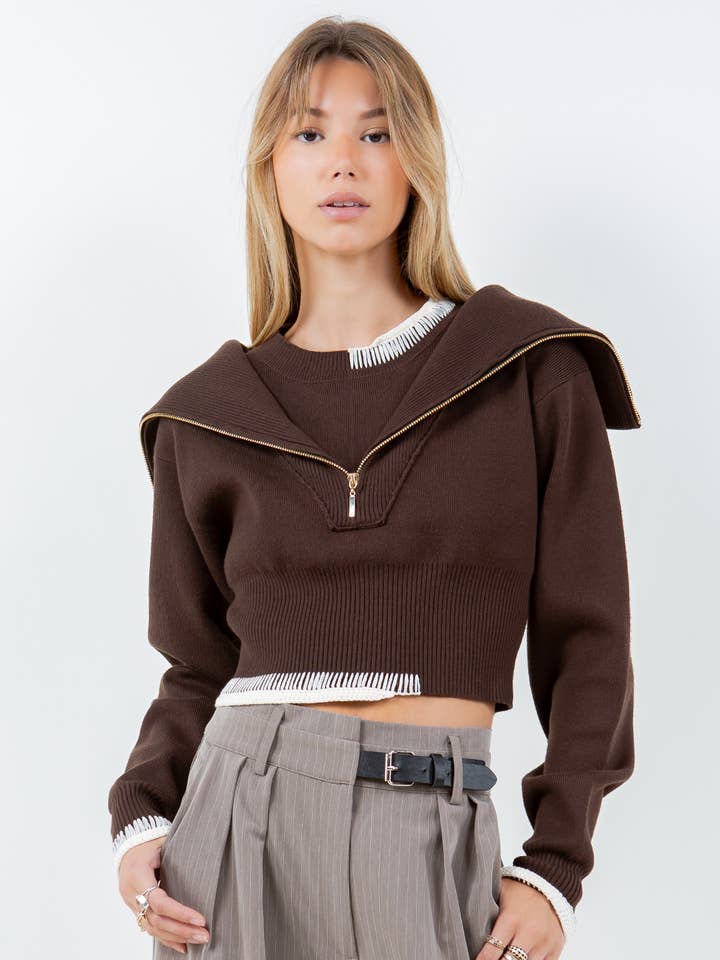 DOUBLE LAYER ZIP UP SWEATER W CROCHET THREADING - DK BROWN for wholesale on Faire