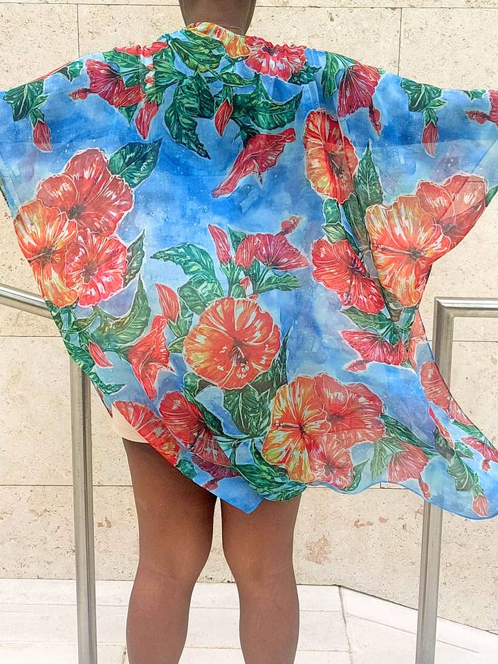 Ebonaiti - Wholesale Kimono - Women's - Hibiscus Kimono Beach Cover Caribbean tropical watercolor3