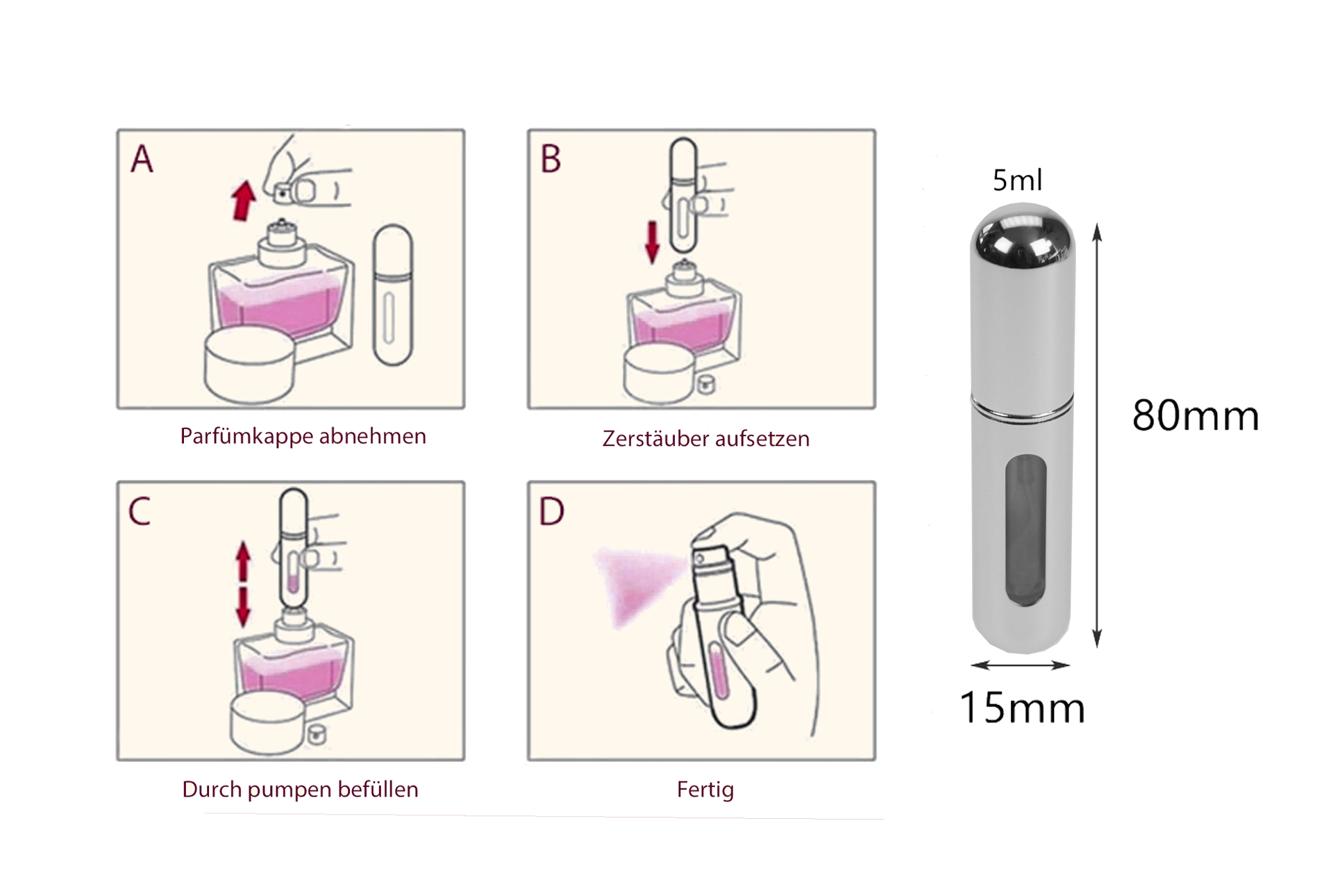Fantasia R. Espig KG - Vendita all'ingrosso Profumi/Eau de toilette - Atomizzatore tascabile, argento lucido, per 5 ml, con riempimento automatico.2