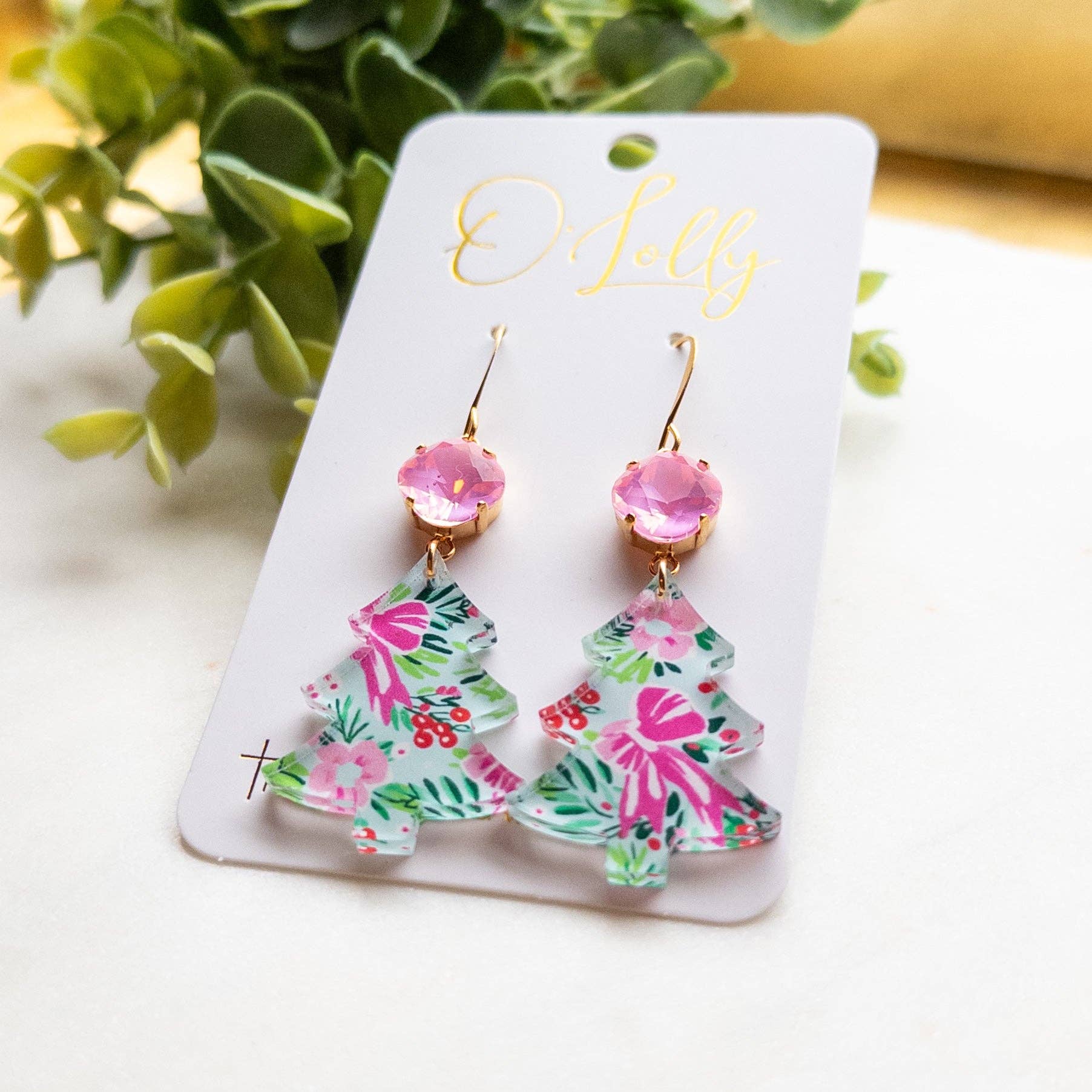 O’Lolly Jewelry - Wholesale Dangle Earrings - Pink/Green Christmas Tree w/Pink Stone1