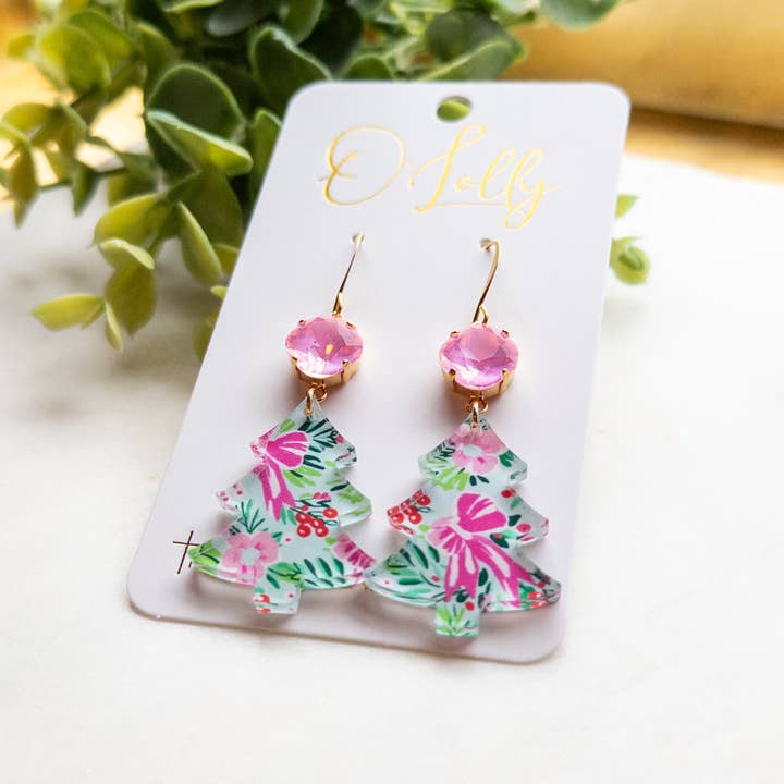 O’Lolly Jewelry - Wholesale Dangle Earrings - Pink/Green Christmas Tree w/Pink Stone1