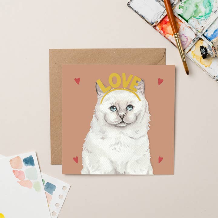 White Cat Love Gold Foil card for wholesale by lil wabbit