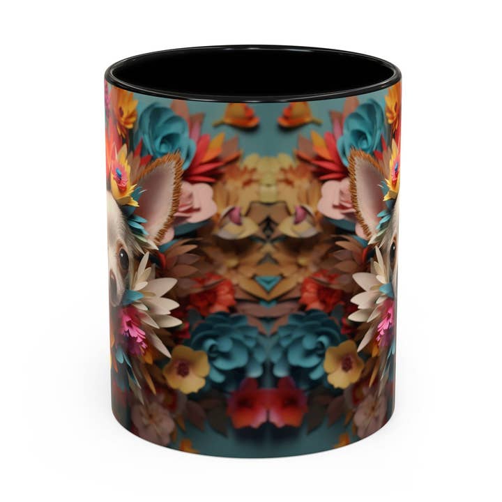 Tasse à café Chihuahua à motif de couronne florale — Cadeau coloré pour amoureux des animaux (11/15 oz) pour la vente par Le Paperie Co