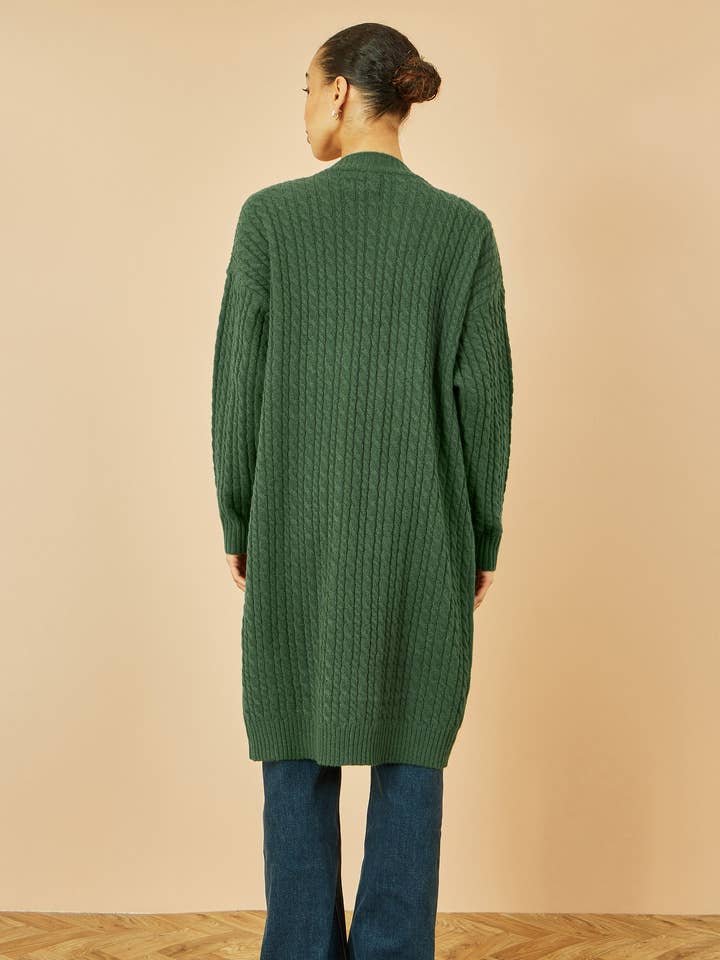 Yumi Green Cable Knit Edge to Edge Long Cardigan With Pockets for wholesale by Yumi