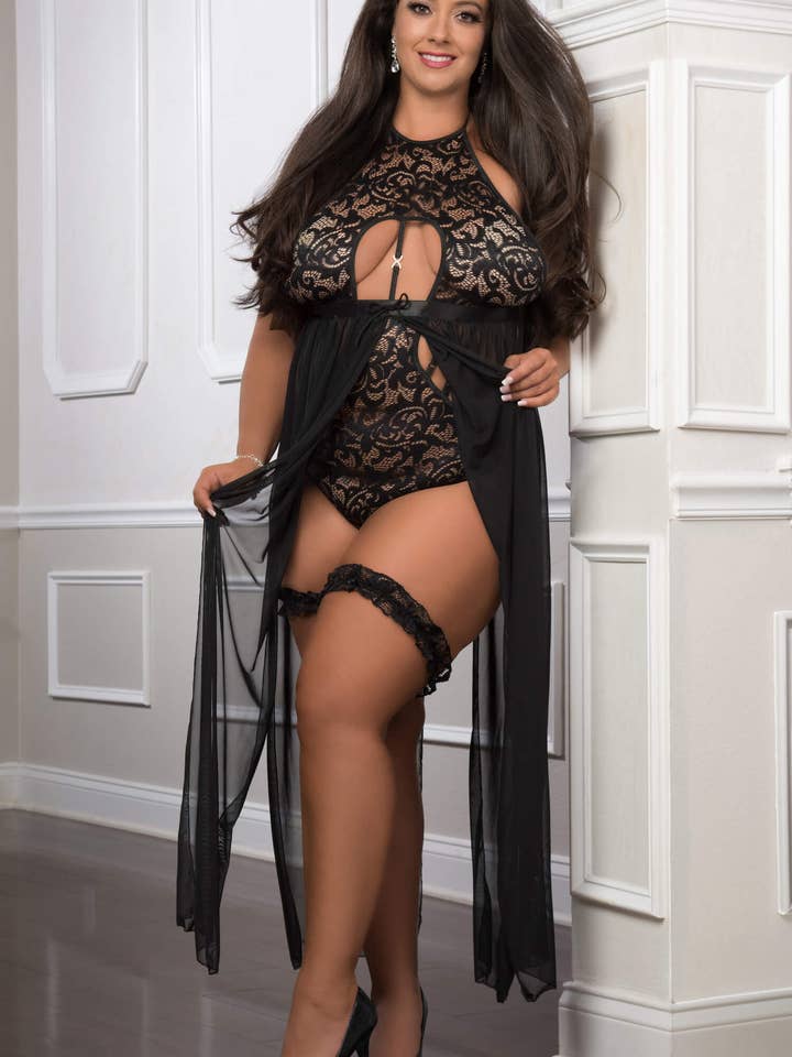 OH2469PQ Black - 2pc Flyaway Slitted Long Dress Teddy with S for wholesale by GWorld Intimates