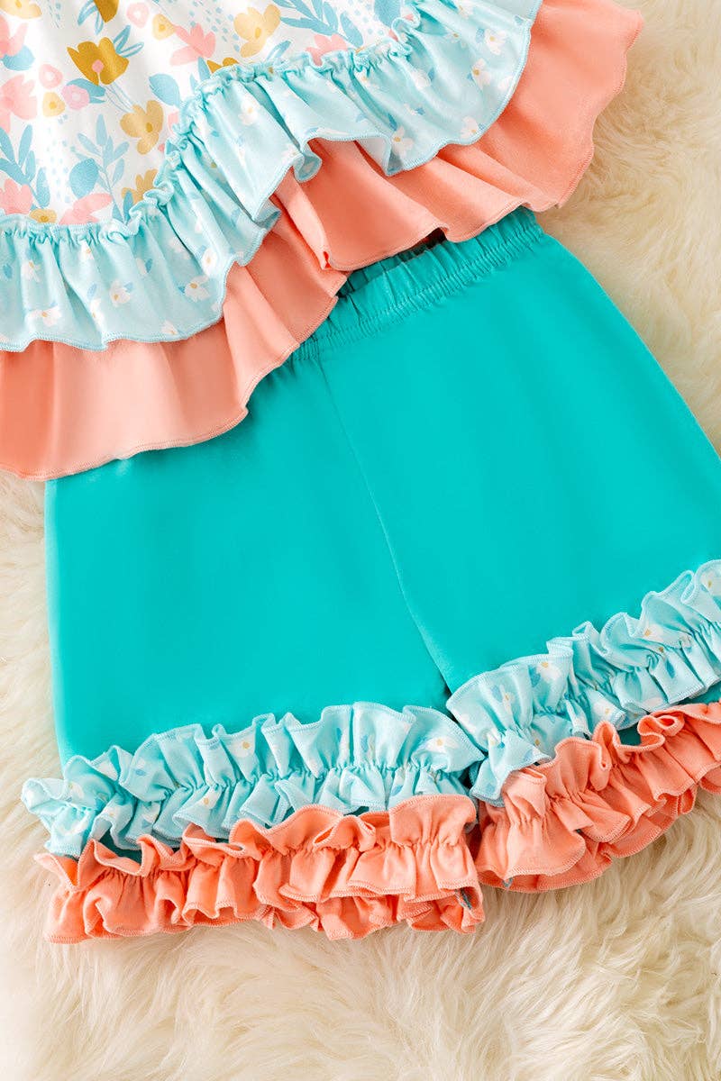 Kids Charm Online - Vente Ensemble haut et short – enfant - Tunique à volants fleurie pêche et menthe & short à volants. OFG50406 AMY2