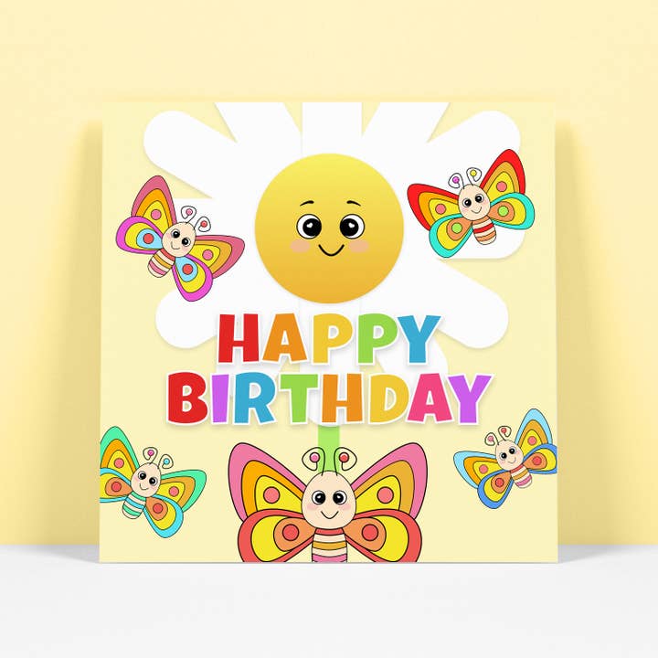 Tillykke med fødselsdagen - Sommerfugl og blomsterkort for engroshandel hos RoleyOleyMoley