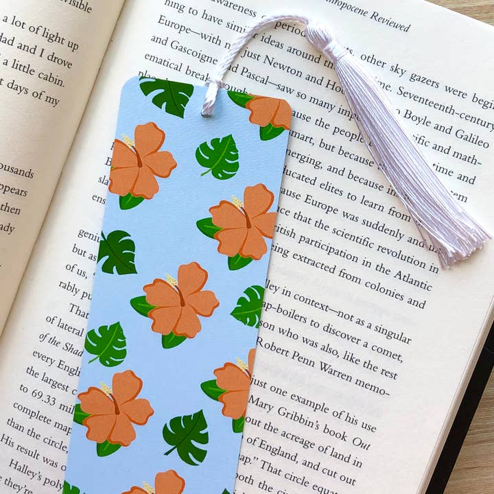 Tropisches Lesezeichen mit Hibiskusblüten und Monsterablättern für den Großhandel von Earth Curious Art Co