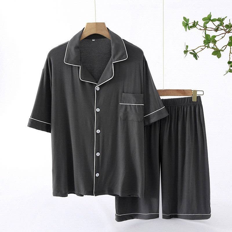 Plush Looks - Wholesale Sleepwear Set - Men's - Men's Solid Color Edging Short Sleeved Shorts Pajamas2