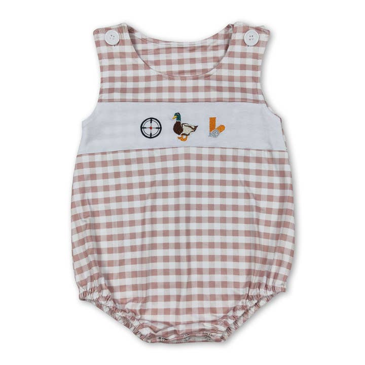 Khaki plaid duck sleeveless baby boys romper for wholesale by Yawoo Garments