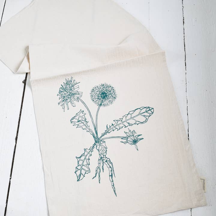 Hearth and Harrow - Wholesale Tea Towel - Organic Cotton Dandelion Tea Towel - Green - Botanical Print1