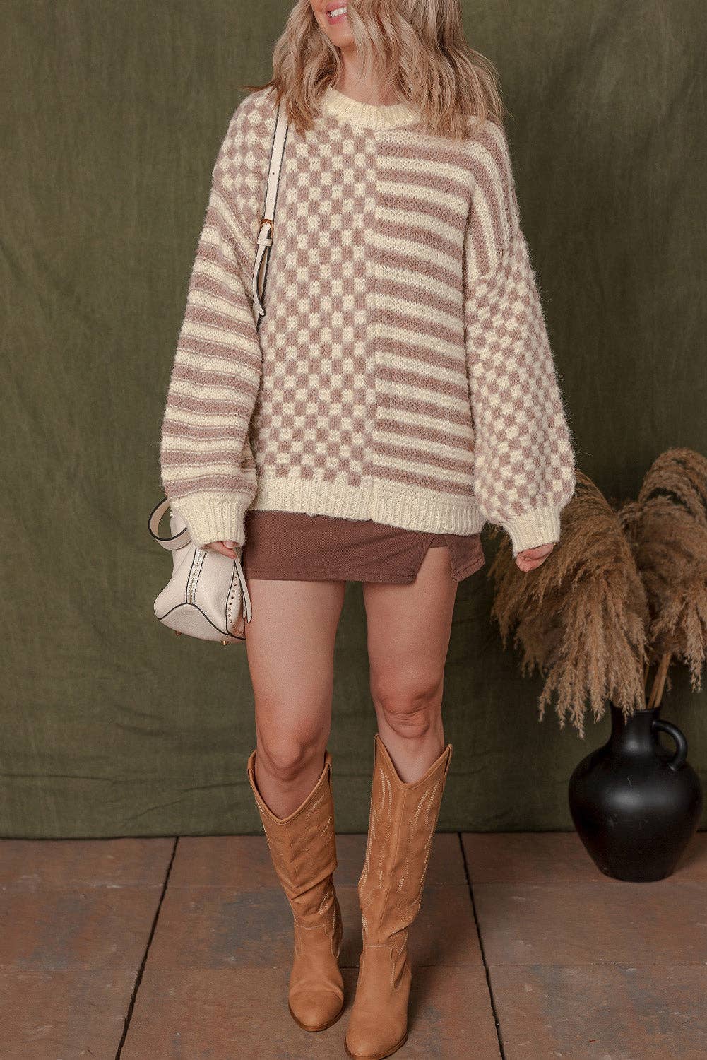 Khaki Stripe Sofia Shoulder Balloon Sleeve Sweater for wholesale on Faire6
