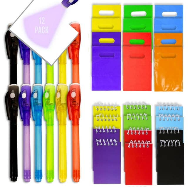 4E's Novelty - Wholesale Party Favor - 4E's Novelty 12 Invisible Ink Pen with UV Light, 12 Mini Notebook and 12 Colored Goodie Bags - Fun Bulk Party Favors for Kids0