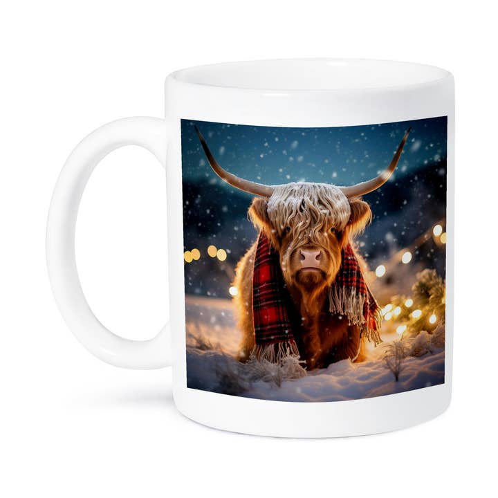 3dRose, Foto de uma vaca das Terras Altas da Escócia a usar um cachecol xadrez na neve., Caneca por atacado de 3dRose