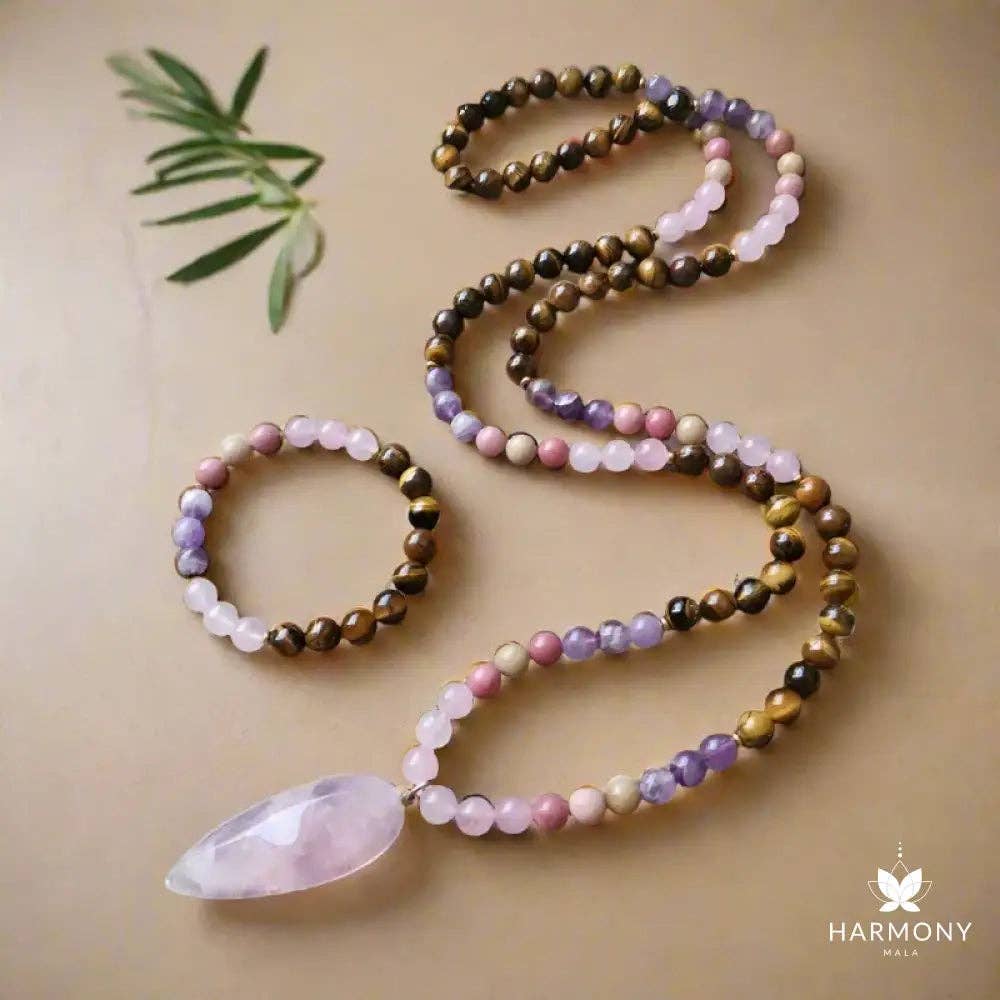 Harmony Mala - Vente Collier de prière en perles - Collier Mala en œil de tigre, améthyste, quartz rose et rhodonite3