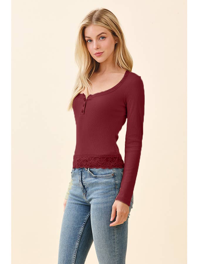 Heart & Hips - Wholesale Knit Top - Women's - BUTTON FRONT HENLEY WITH LACE AT NECK & BOTTOM HEM7