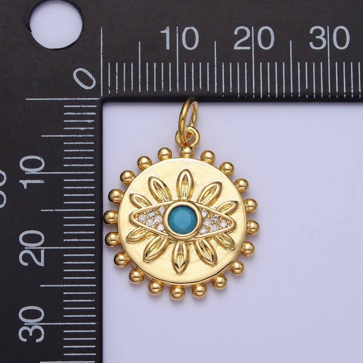 Aim Eternal - Wholesale Individual Charm/Pendant - Evil Eye Turquoise Clear Micro Paved CZ Dotted Round Disc Gold Charm | AC3621