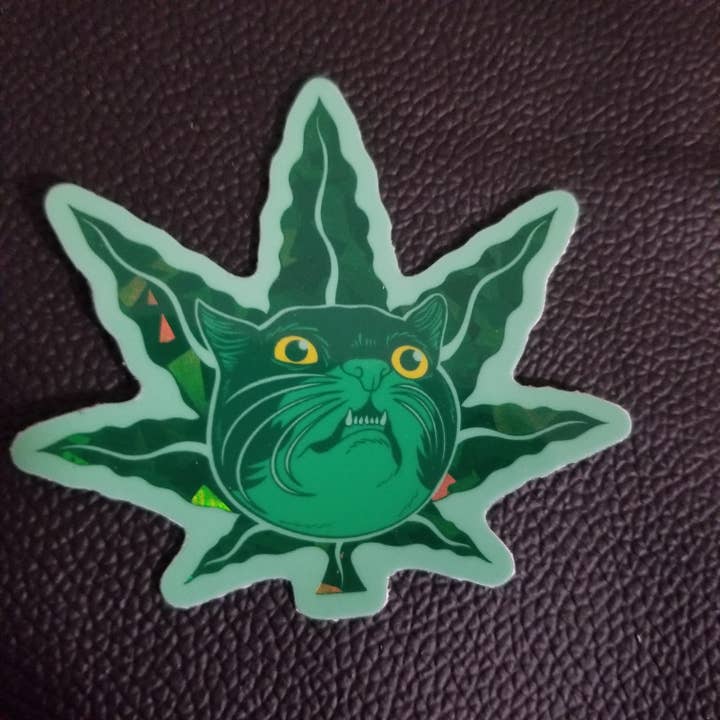Cat Champion - Wholesale Sticker - *Sticker: Leaf Cat, 3" Prismatic Glitter vinyl1