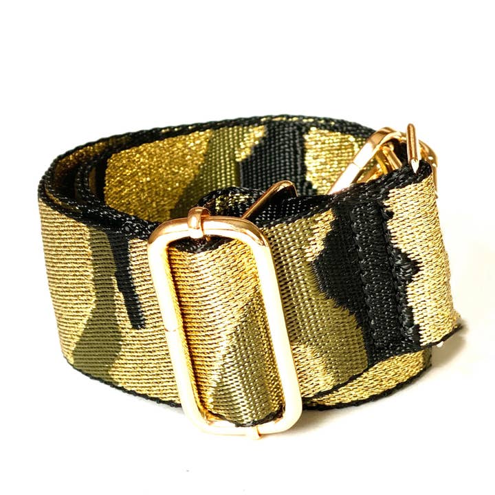 bracelet camouflage métallisé avec matériel doré ou bronze à canon pour la vente par Be Clear Handbags