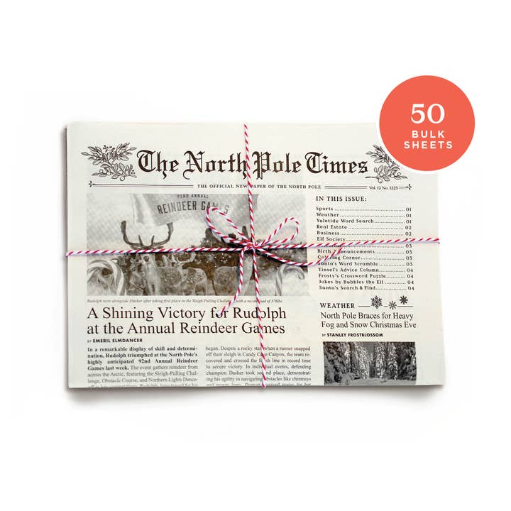Inklings Paperie – Großhandel Geschenkpapier in Bögen – North Pole Times Zeitung, 50 Großblätter