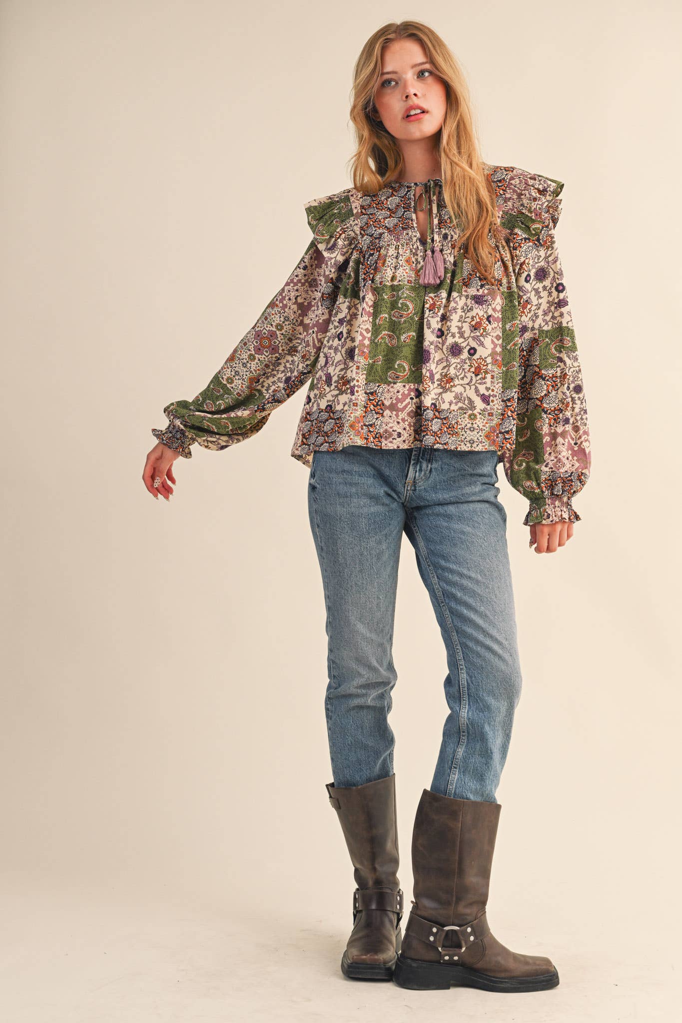 &MERCI - Wholesale Blouse - Women's - PATCHWORK PRINT SMOCKED RUFFLE BLOUSE MTP43507