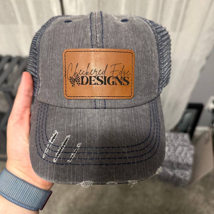 Custom Logo Leather Patch Hat for wholesale by Checkered Edge Designs