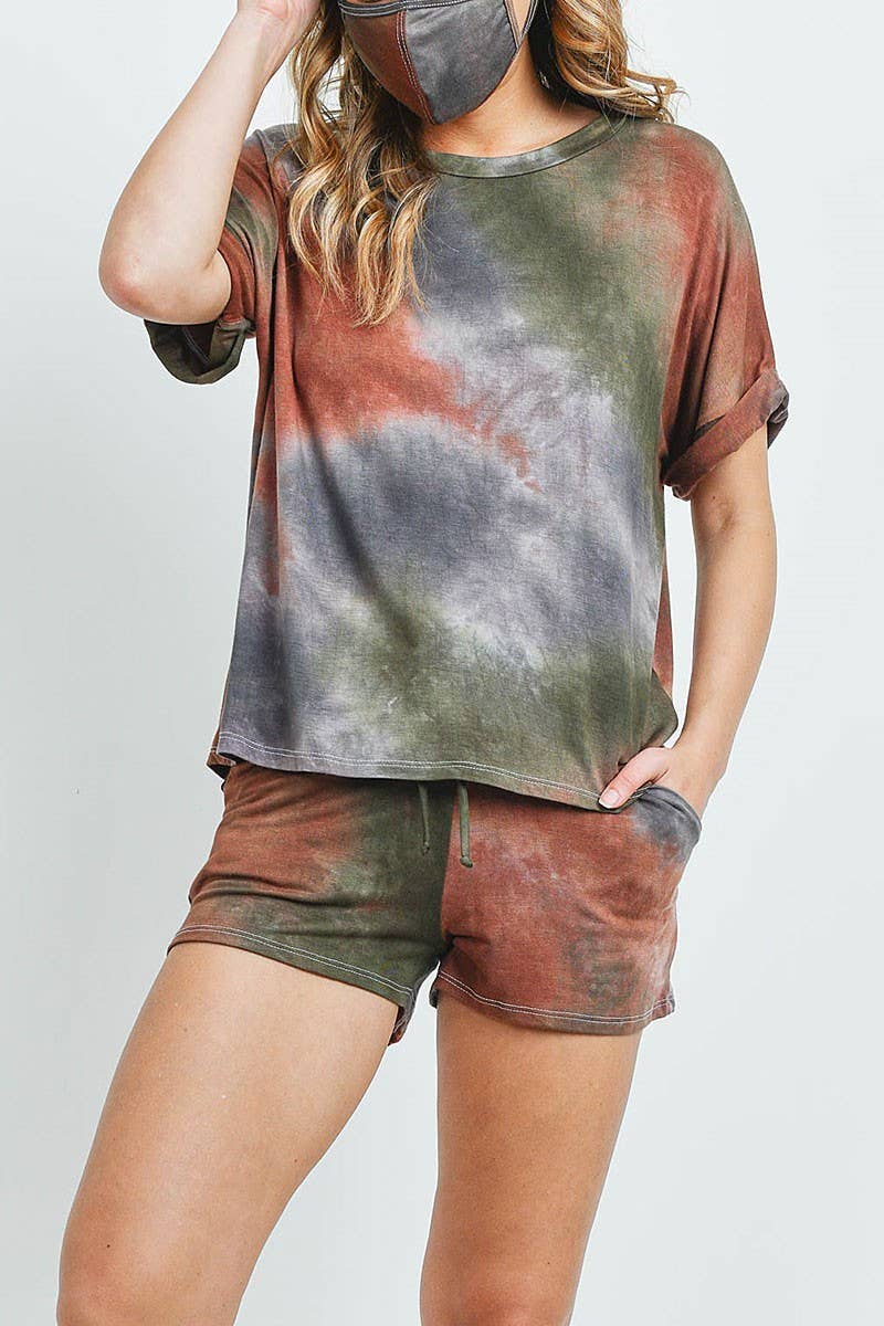 TIE DYE ROLL UP SLEEVE TOP AND SHORT SET for wholesale on Faire