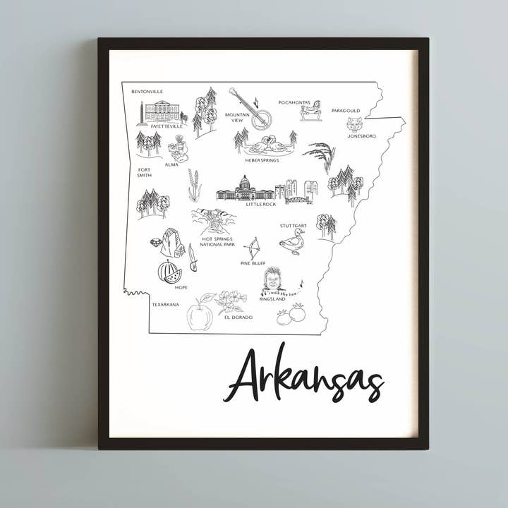 Schizzo dell'Arkansas - mappa e punti di interesse per la vendita all'ingrosso da parte di Simply Sketch Studio