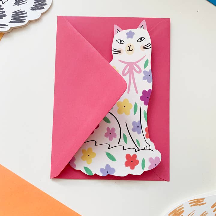 Kitty Kenda Papergoods - Wholesale Birthday card - Sitting Kitty Floral Shaped Cat Greeting Card0