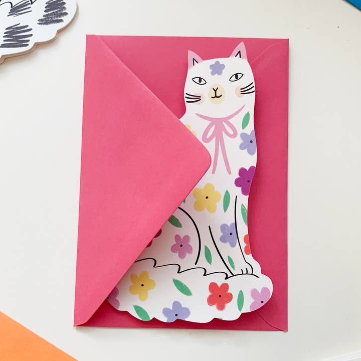 Sitting Kitty Floral Shaped Cat Greeting Card for wholesale by Kitty Kenda Papergoods