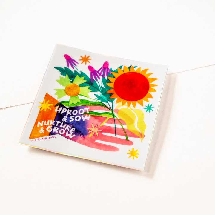 Katie Blanchard Art + Works - Vente Autocollant - Déraciner et semer, nourrir et cultiver - Autocollant carré holographique2