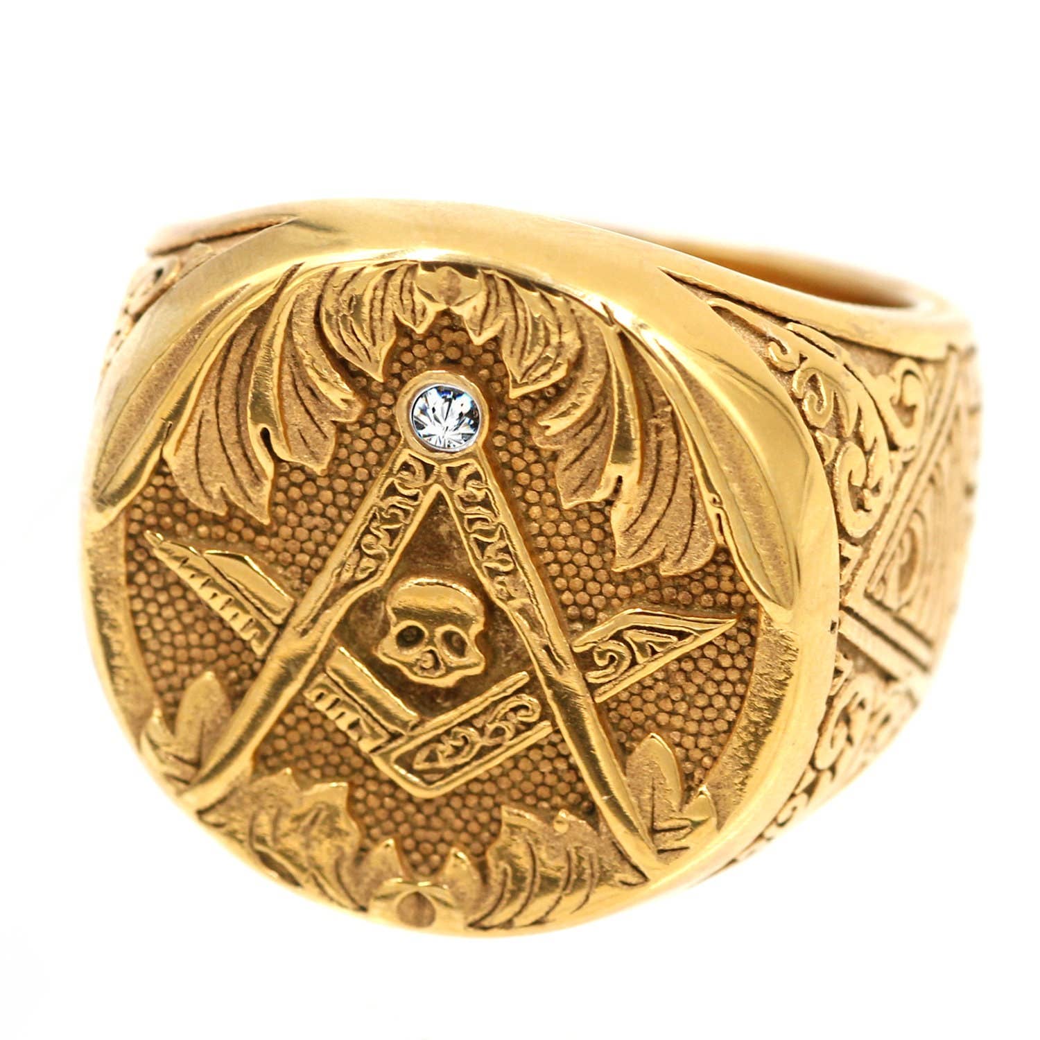 Awaken - Wholesale Signet Ring - Handmade Masonry Skull Ring with Crystal - A-4810