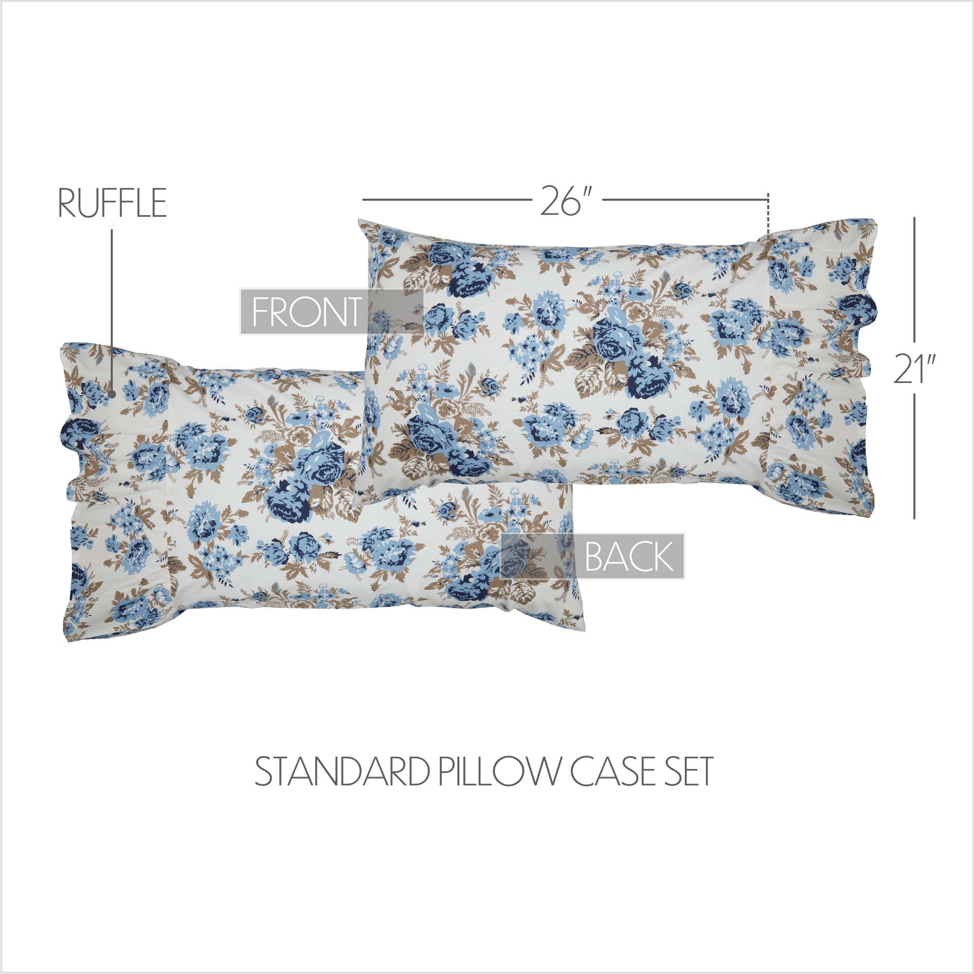 VHC Brands - Wholesale Bedding Pillowcase/Sham - Annie Blue Floral Ruffled Standard Pillow Case Set of 2 21x26+82