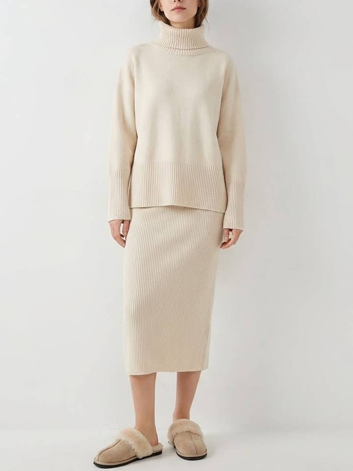 2 Pcs Elegant Knit Turtleneck Sweater Midi Skirt Set DP25H651 for wholesale by Dipped Shop
