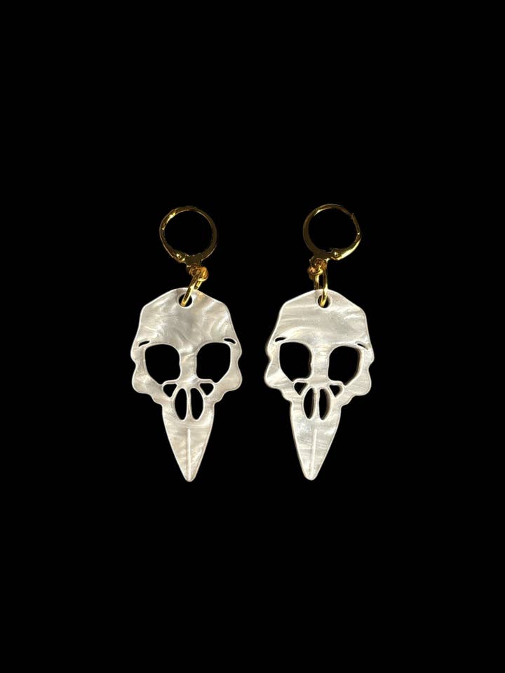 White Pearl Birdskull Earrings Gothic Raven Crow Studs Shimmery Acrylic Occult Witchy Jewellery Dark Academia Accessories Gold Plated Skull for wholesale by Squishy Jewellery